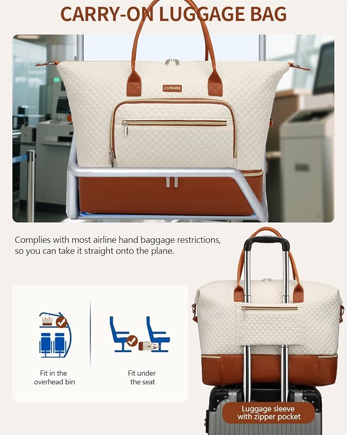 Weekender Bags for Women Travel, Under Seat Carry On Bags for Airplanes Overnight Bag with Shoe Compartment Luggage Sleeve, Foldie Travel Tote Bag Hospital Bag, Travel Gifts, Beige Brown - Image 7