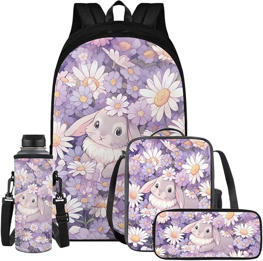 Daisy Bunny Backpack for Girls Kids Backpack with Lunch Box Water Bottle Holder with Strap and Pencil Case 4PCS Set Bookbag with Compartments for School Teens 17 inch Lightweight School Bag by ELEDIZI