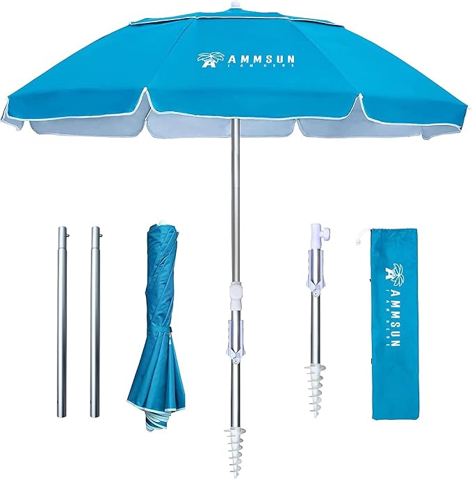 AMMSUN 6.5ft Twice Folded Portable beach umbrella with Sand Anchor Windproof Tilt Pole Air vent UPF 50+ Protection Fits in a large Suitcase Compact For Travel Patio Garden Pool Backyard Sky Blue - Image 8