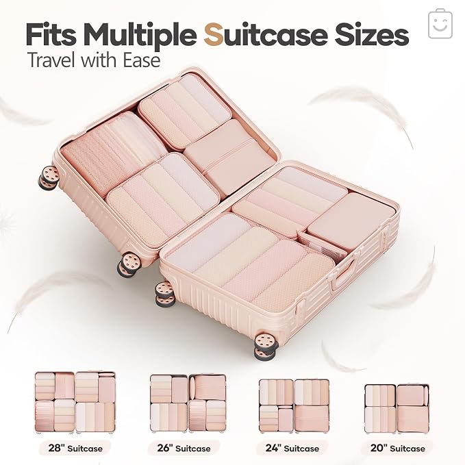 Veken 8 Set Compression Packing Cubes for Travel Essentials,Compressible Expandable Luggage Suitcase Organizer Bags with Garment Bag,Space Saver Bags with Over 1000 pcs of Mesh Holes(Beige) - Image 8