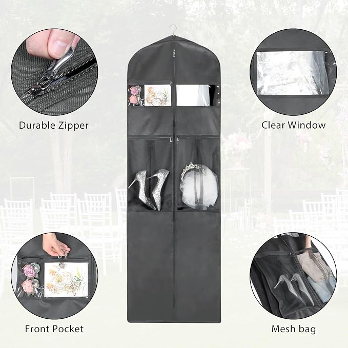 Zilink 72" Wedding Dress Garment Bag Dress Bags for Gowns Bridal Garment Bag for Dresses Long with 12”Gusseted and Accessory Pockets for Wedding Dress, Puffy Gowns [Upgraded Version], Grey - Image 3
