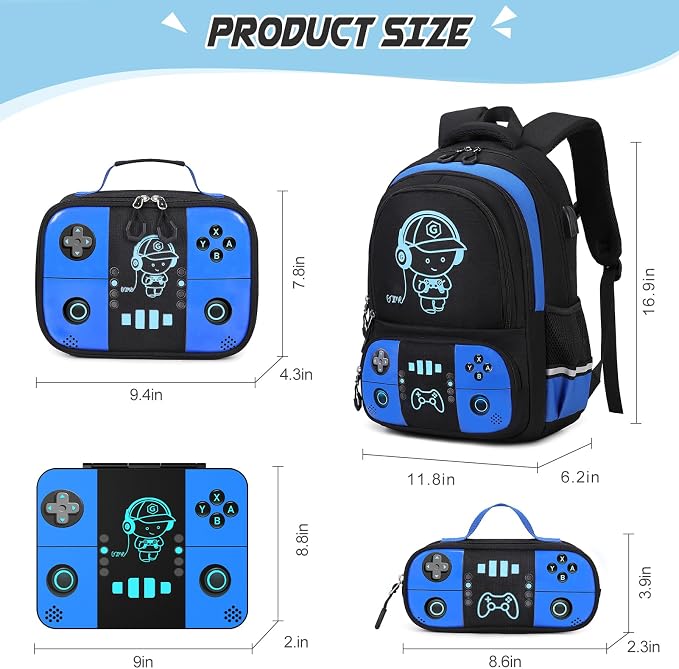 Bevalsa Backpack for Boys with 43OZ Bento Lunch Box,Insulated Lunch Bag & Pencial Case,Cool Luminous Gamer Schoolbag for Kids Teens Elementary Middle School,Bookbag Glow In The Dark - Image 2