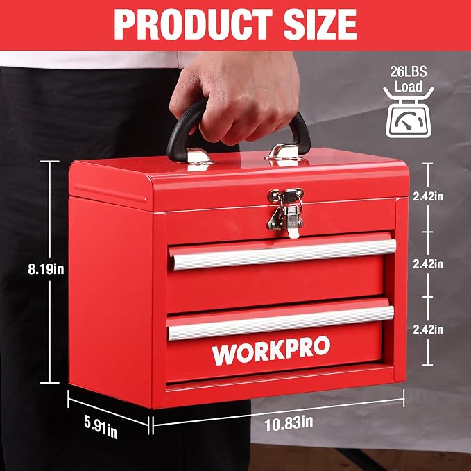 WORKPRO Portable Mini Metal Tool Box with 2 Drawers | Metal Tool Chest, Ball Bearing Slides, Top Storage, Latch Handle, PVC Drawer Liners, PP Feet Pads - Image 2