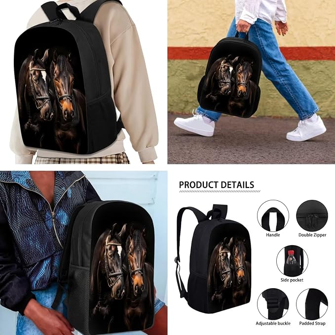 Mumeson Brown Horse 3 in 1 Backpacks Set Large Capacity Bookbag Schoolbags Rucksack with Lightweight Lunch Bag Mini Pencil Case,Lightweight Bookbag Set for Student - Image 4