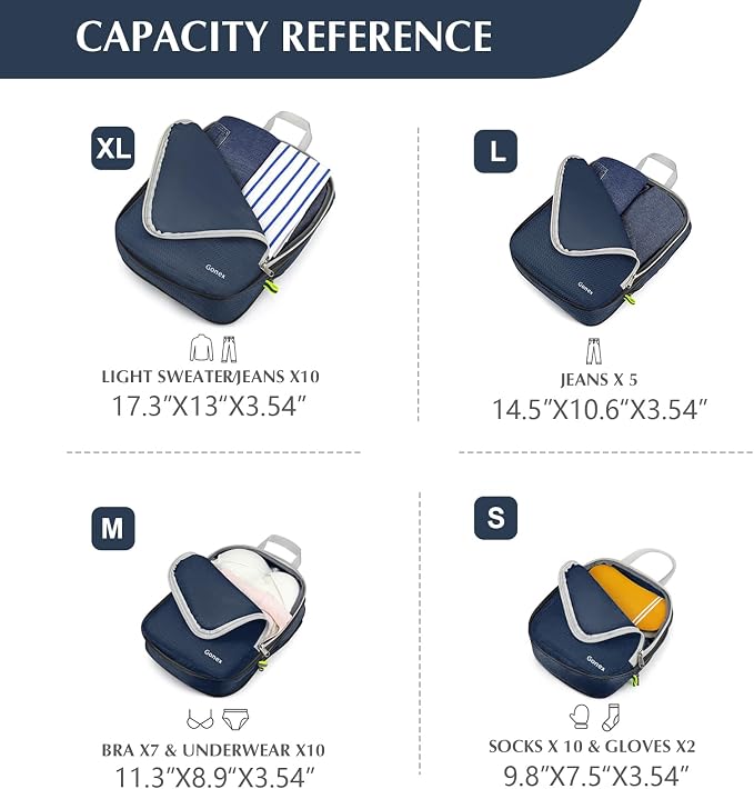 Gonex Compression Packing Cubes, 4pcs Expandable Storage Travel Luggage Bags Organizers (Purplish Blue) - Image 6