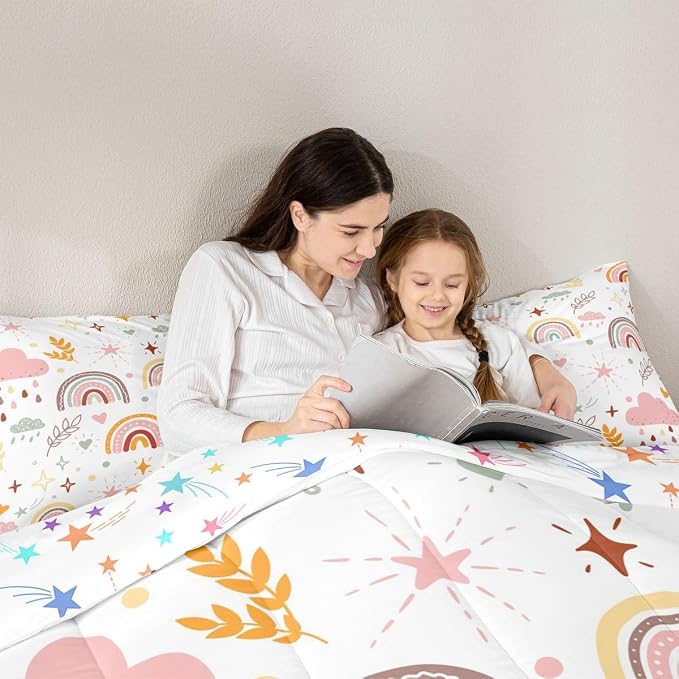 Erosebridal Girls Rainbow Quilt & 2 Pillow Cases, Pink Love Heart Comforter Set Full Size Cartoon Rainbow Bedding Set Kawaii Decor, Hand Drawn Iridescent Duvet Insert for Kids Boys Teens Adult Women - Image 5