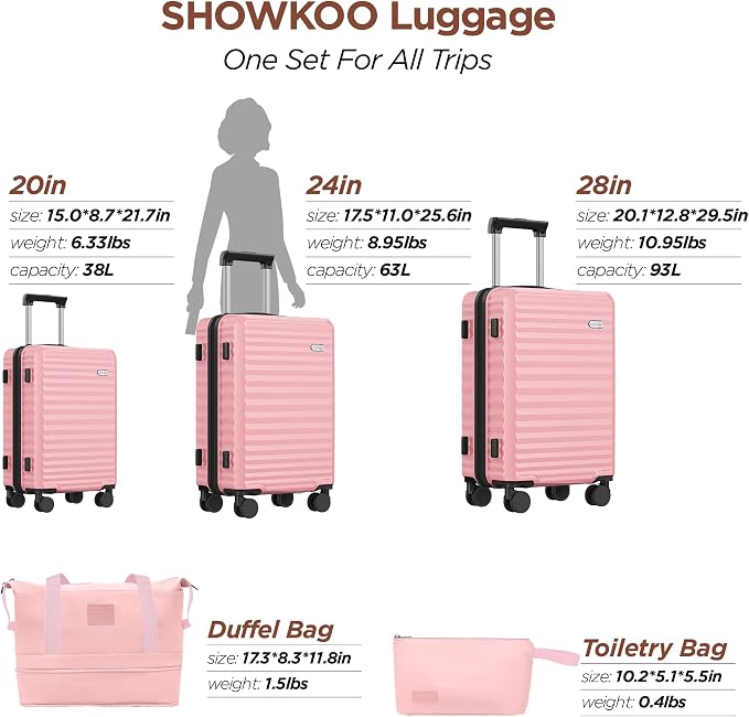SHOWKOO Luggage Sets 3 Piece Hardside Expandable Suitcase with Double Spinner Wheels Tsa Lock, (Pink, 5 piece set) - Image 9