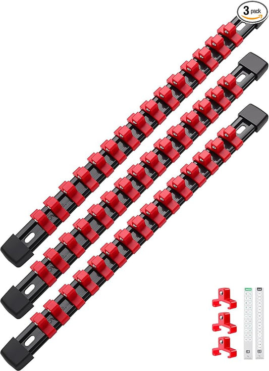 ALOANES 3PC ABS Socket Organizer, Socket Rails Fit 3/8 inch Drive | Portable Heavy Duty Socket Holders Hold up 45 Sockets for Toolbox Drawer Bags(Red) by Aloanes