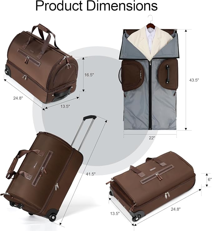 Modoker Convertible Rolling Garment Bag for Travel, Suit Travel Bag with Trolley, Garment Duffel Bag with Wheels & Shoes Compartment for Business Trip, Weekender - Brown - Image 3