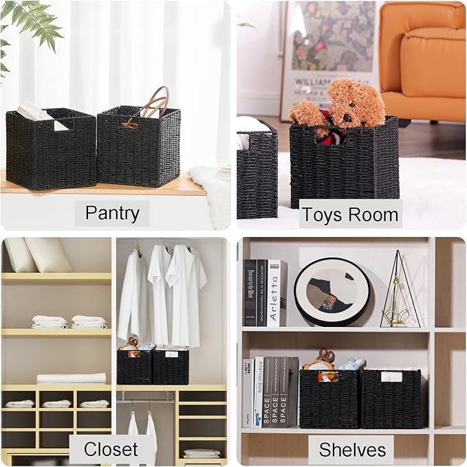 Vagusicc Storage Basket, Set of 2 Hand-Woven Storage Baskets for Organizing with Handles, Foldable Cube Storage Baskets Bins Organizer, 13 inch Large Wicker Baskets for Shelves & Decor, Black - Image 5