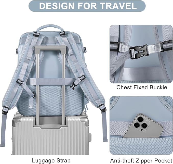 Large Travel Backpack Carry on Flight Approved Mochila De Viaje Carry on Backpack for Airplanes Spirit Airlines Personal Item Bag 18x14x8 Inches Travel Bag Traveling Backpack for Women Men Grey Blue - Image 7