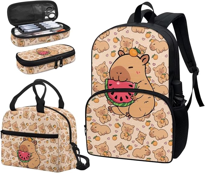 Primary Middle School Backpack with Lunch Box Pencil Case 3 In 1 Capibala Watermelon School Bag Book Bag Large Capacity Student Bookbags Casual Shoulder Bags Daypack - Image 6