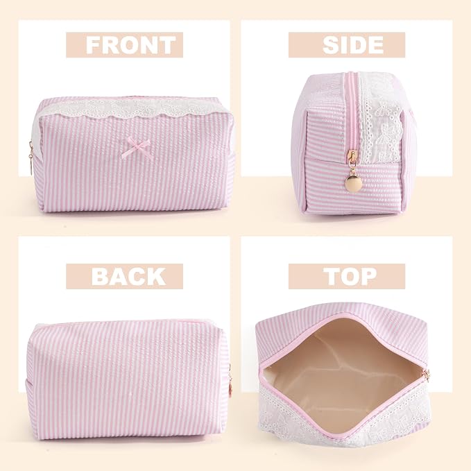 Makeup Bag Travel Toiletry Bag for Women, Small Cosmetic Bags with Lace Trim Cute Pink Stripe Aesthetic Organizer Makeup Pouch for Purse Emergency Bag Pencil Case Accessory Bag - Image 3