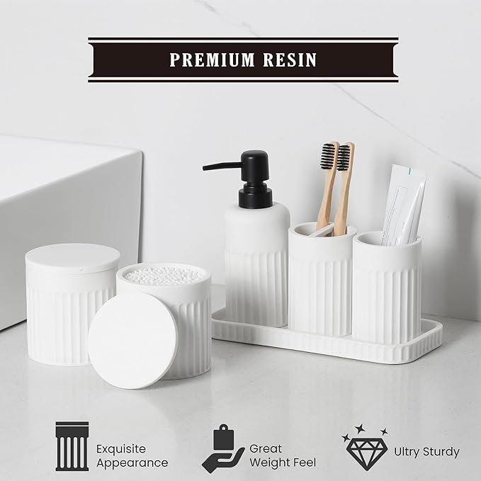 INIUNIK Bathroom Accessory Set - 6 Pieces Bathroom Accessories Set Complete with Soap Dispenser, Toothbrush Holders, Tumbler, Vanity Tray and 2 Qtip Holder for Home Organizer and Decor, White - Image 6