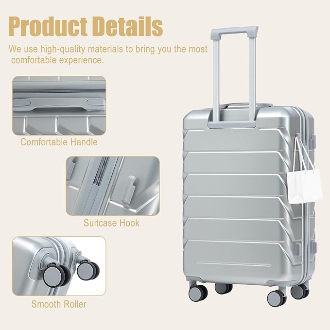 GDFStudio 28" ABS Hardshell Checked Luggage, Large Capacity Travel Suitcase with Scratch Resistant Surface, 360° Silent Spinner Wheels, Combination Lock, Telescopic Handle and Side Hooks, Silver - Image 4