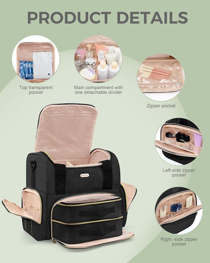 BALULHG Large Travel Makeup Bag with 2 Removable Cases, Cosmetic Bag with Multiple Storage Sections, with Multiple Storage Sections,Double Layer Big Travel Make Up Organizer Case,Travel Toiletry Bag - Image 3