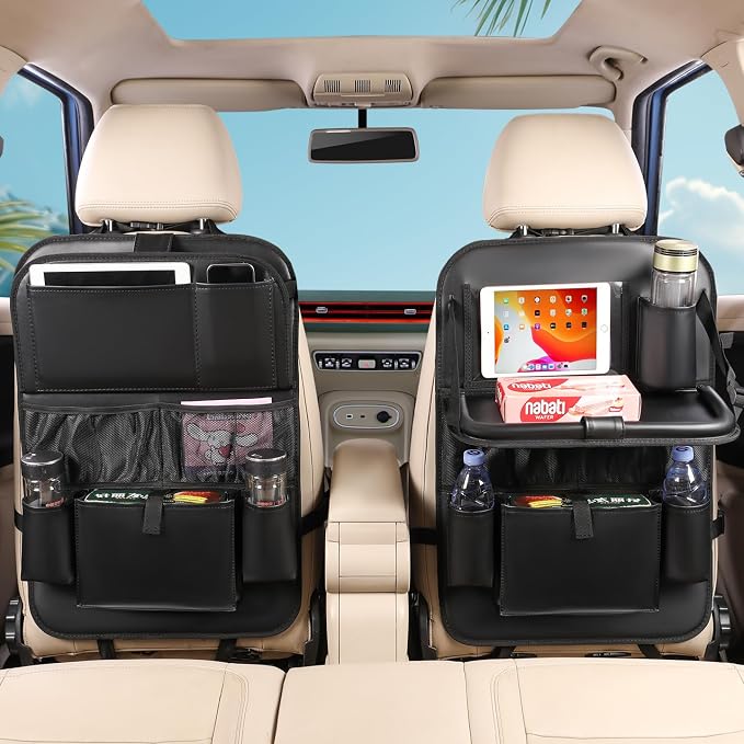 2PACK Leather Car Backseat Organizer with Tablet Holder - 9 Large Storage Pockets, Foldable Food Tray & Anti-Scratch Kick Mats - Universal Car Seat Protector for Kids, Pets & Travel Accessories - Image 2