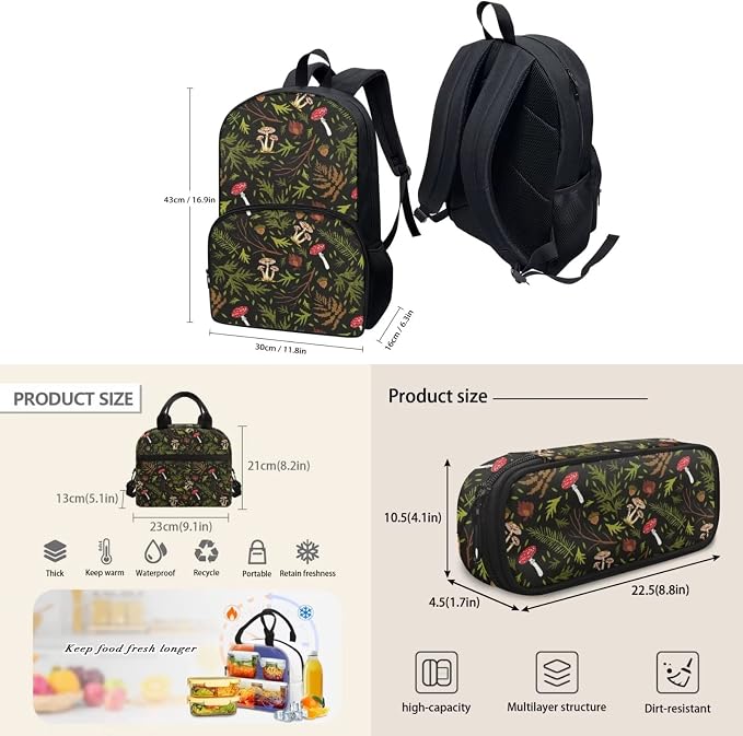 Vintage Mushroom Print Backpack Set for Girls Kids Lightweight Cute School Backpack with Lunch Box Pencil Case Adjustable Strap Padded Book Bag Insulated Lunch Bag - Image 4