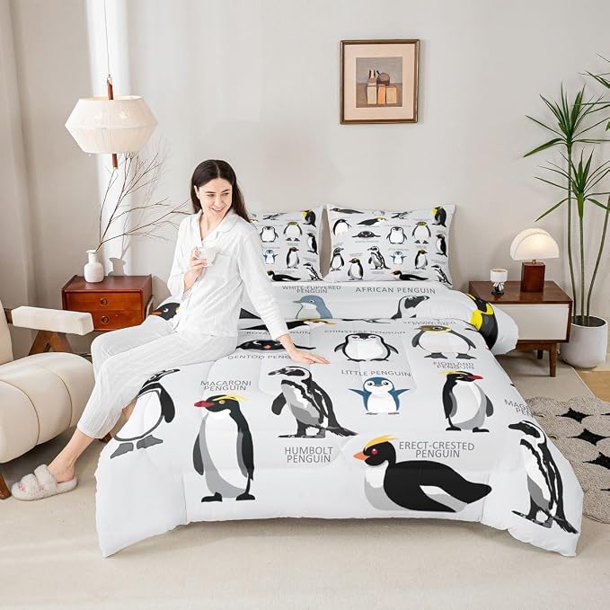 Erosebridal Penguin Comforter Set Twin Size,Black White Penguins Bedding Set Cute Animal Down Comforter for Kids Boys Girls Teens,Wildlife Grey Bedding Quilted Sets with 1 Pillow Case Bedroom Decor - Image 2