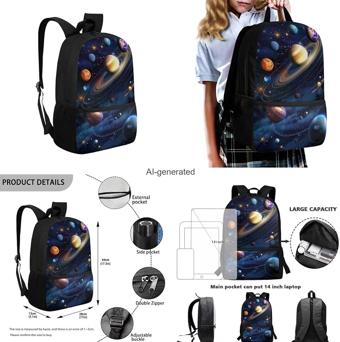 Space Galaxy Backpack for Boys Girls Backpack with Lunch Box Water Bottle Bag and Big Pencil Case 4PCS Set Bookbag with Front Pocket 17 inch Lightweight School Bag with Side Pocket for Kids - Image 3