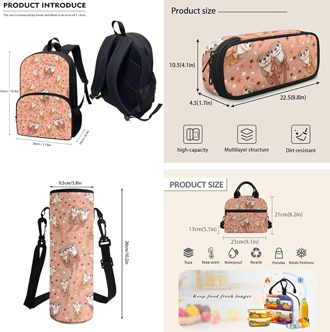 POLERO Cute Kids Backpack for Girls Cartoon Sea Otter Print School Bag Set 4Pcs Preschool Bookbags with Lunch Box - Image 3