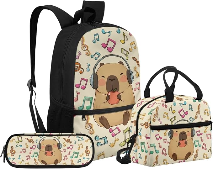 Capybara Children School Backpack Boys Girls Capybara Apple Musical Notes Primary Elementary Bookbags Set Cute Backpack Kids Lunch Box Pencil Case Set 3 in 1 by Unknown