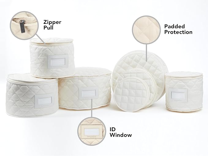 Covermates Keepsakes Dish Storage Set – Padded China & Dinnerware Storage Cases with Dividers, Cup & Stemware Storage, Quilted Polyester Protection, ID Window, Cream - Image 2