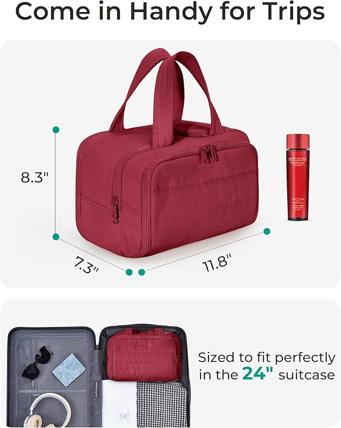 BAGSMART Travel Toiletry Bag, Puffy Toiletry Bag for Women, Wide-open toiletry bags for traveling, Large Travel Cosmetic Makeup Bag Organizer for Accessories,Toiletrie (Vintage Berry) - Image 3