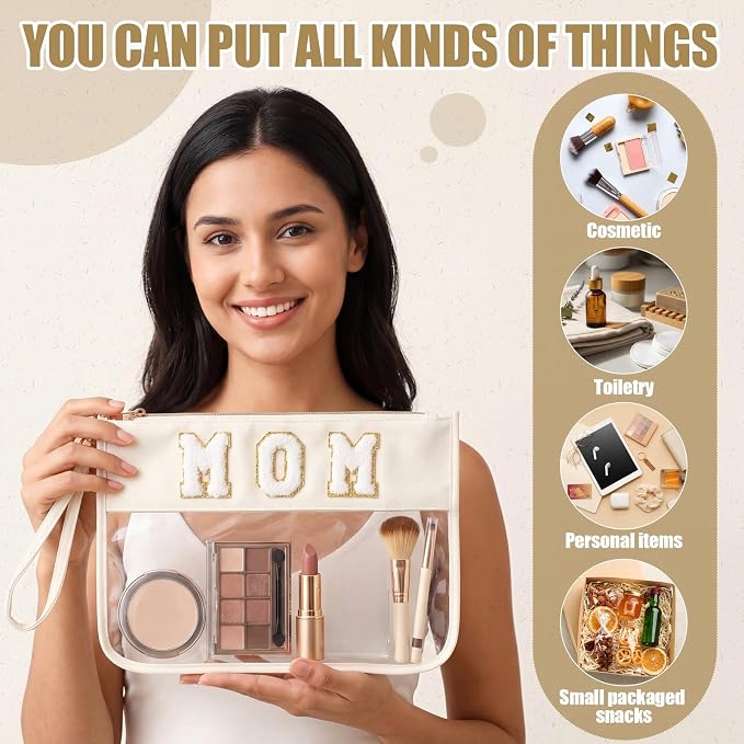 6 Pcs Mom Cosmetic Bags, Clear Chenille Letter Mama Makeup Bag, Beige Gift Bags Travel Toiletry Pack, Preppy Waterproof Stuff Pouch for Women - Image 3