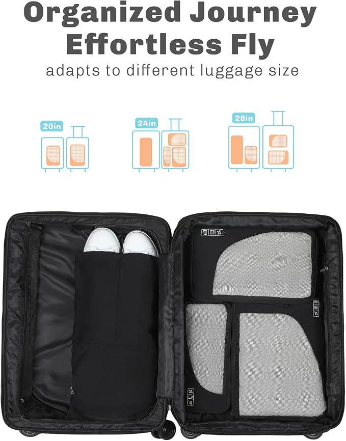 Hynes Eagle 6 Set/ 4 Set/ 2 Set Compression Packing Cubes Travel Essentials Lightweight Nylon Luggage Suitcase Organizer Bag Black 4PCS - Image 3