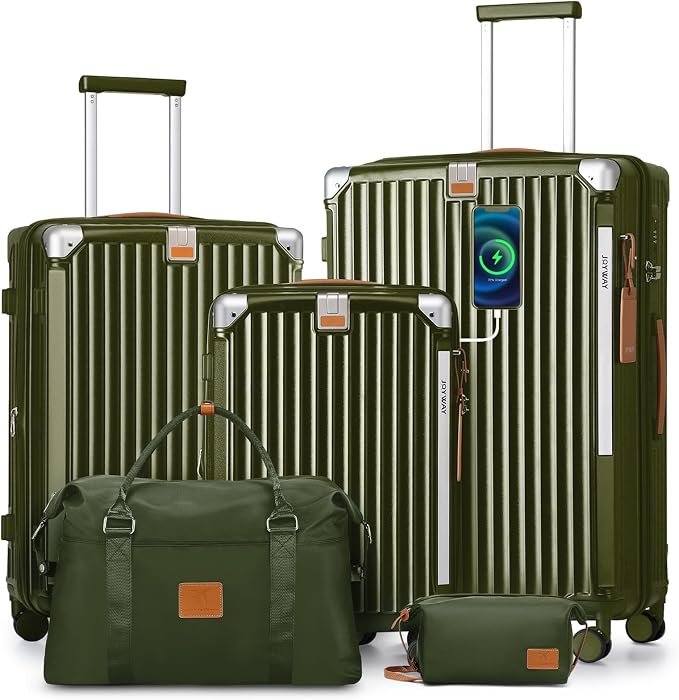 Joyway 5 Piece Luggage Set with Cup Holder, Expandable 25% Capacity, Includes Handbag, Anti Slip Wheels, Hook, Smart Carry On Suitcase for Men and Women, Spinner Travel DarkGreen by Joyway