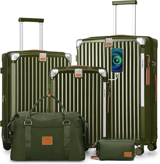 Joyway 5 Piece Luggage Set with Cup Holder, Expandable 25% Capacity, Includes Handbag, Anti Slip Wheels, Hook, Smart Carry On Suitcase for Men and Women, Spinner Travel DarkGreen by Joyway