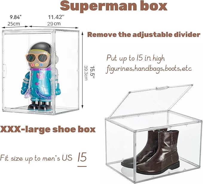 Attelite XXX-Large Clear Display Case Stackable Plastic Storage Bins with Lid, 2 Tiers Boot Shoe Box Organizers with an Adjustable Divider, Big Acrylic Display Storage Box with Magnetic Door - Image 3