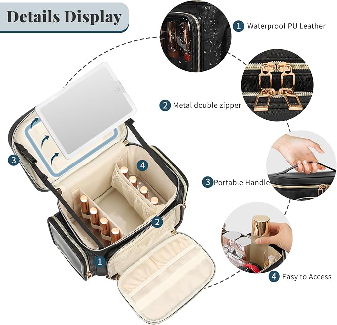 Large Makeup Bag with LED Mirror, Travel Makeup Bag Organizer for Women Girls with Makeup Brush Compartment & Two Side Pockets, 3 Color Lights Cosmetic Toiletry Bag- Leather Black - Image 2