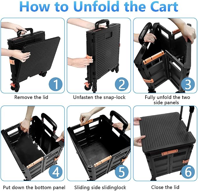 Utility Cart Folding Portable Rolling Crate Handcart with Lid Durable Heavy Duty Plastic Telescoping Handle Collapsible 360 Degree Rotate Wheels for Travel Shopping Moving Luggage Office Use,Black - Image 2