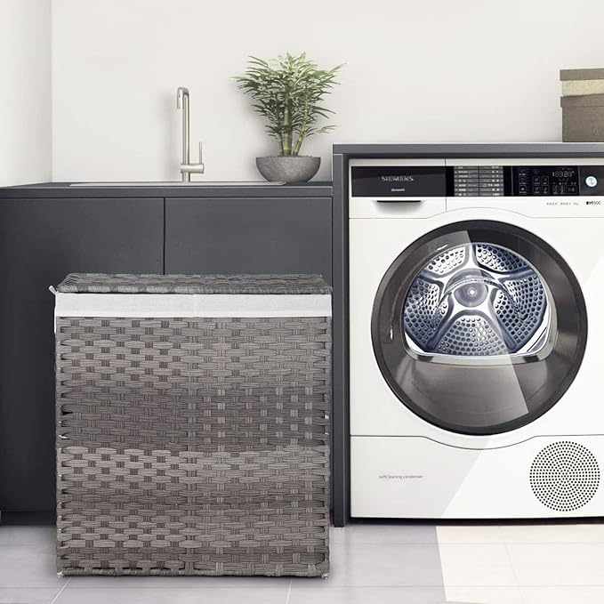 Paylesshere Laundry Basket Handwoven Laundry Hamper 90L/110L Foldable Rattan Laundry Hamper With Lid,2 Removable Liner Bags & 6 Bags,Clothes Bathroom Basket,Grey - Image 2