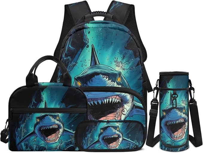 Shark Backpack and Lunch Box Set 4 PCS Schoolbag Book Bag with Insulated Lunch Bag Box Pencil Case Water Bottle Holder Carrier Sling Bag by Unknown