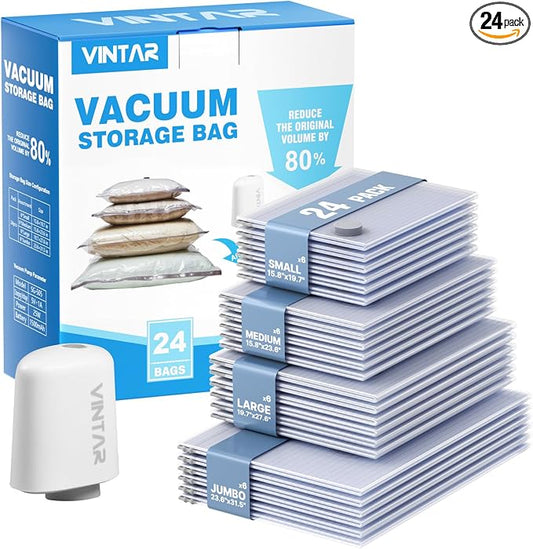 Travel Vacuum Seal Bags for Clothing with Rechargeable Cordless Pump, VINTAR 24 Pack (6J+6L+6M+6S) Carry-on Size Space Saver Vacuum Storage Bags, Compression Packing Bags for Luggage and Suitcase by VINTAR