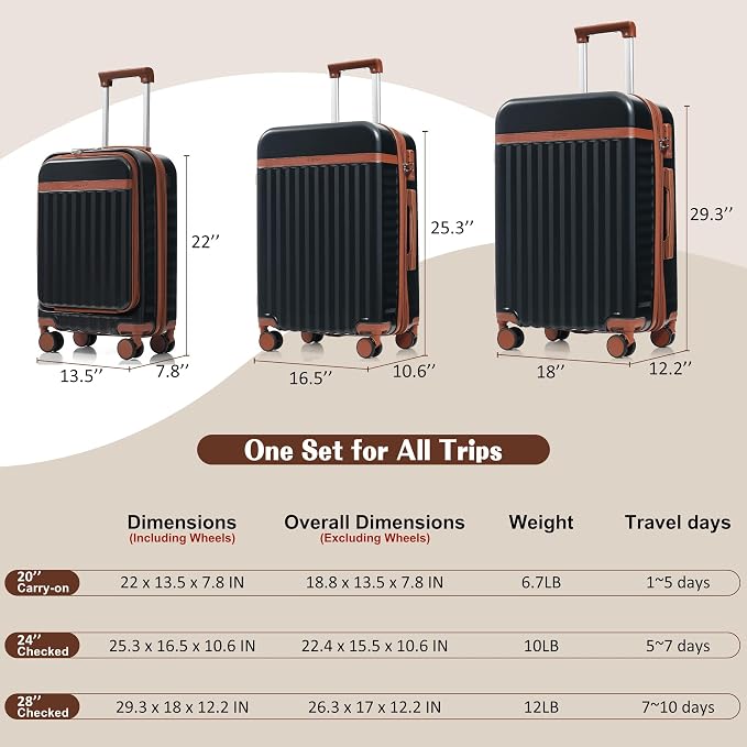 Hardshell Luggage, Lightweight Suitcase with Spinner Wheels, BLACK+USB - Image 6