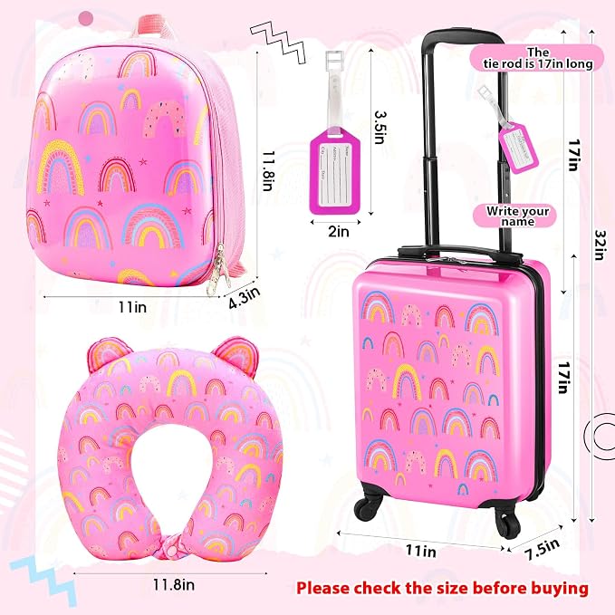 Sanwuta 4 Pcs Kids Luggage Set Back to School Gifts for Girls Boys Carry On Rolling Suitcase Backpack Neck Pillow Travel Set(17 Inch,Rainbow Style,Pink) - Image 2