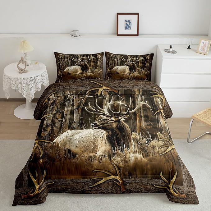 Erosebridal Rustic Deer Comforter Set for Cabin Lodge Vintage Elk Moose Antlers Bedding Set Queen Size Farmhouse Woodland Quilt Hunting Animal Duvet Insert with 2 Pillowcases Home Room Decor - Image 4