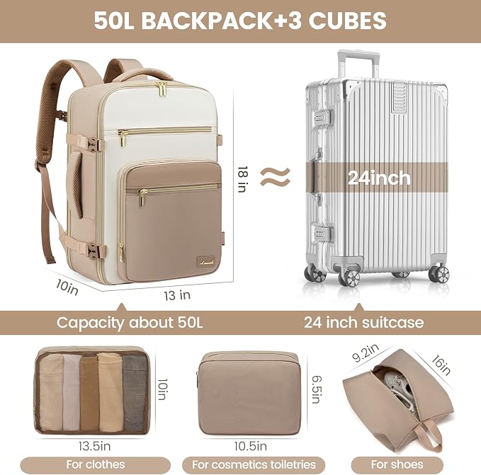 LOVEVOOK Travel Backpack For Women,50L Carry On Backpack Flight Approved,TSA Personal Item Travel Bag Fits 18 Inch Laptop,Business Weekender Overnight Daypack with Toiletry Bag and Cubes - Image 5
