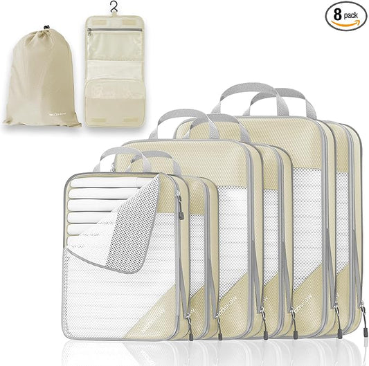 Compression Packing Cubes 8 Set, Compressible Space-Saving Packing Cubes for Travel - Compression Bags, Luggage Organizer, Travel Essentials for Women, Beige by NICOSHOW