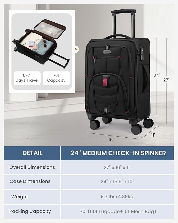 LOVEVOOK Business Softside Checked Luggage with 15.6/17.3 Inch Laptop Compartment, 24 Inch Checked Suitcase with Spinner Wheels, Large Capacity Luggage with TSA Lock for Business Trip Travel, Black - Image 3