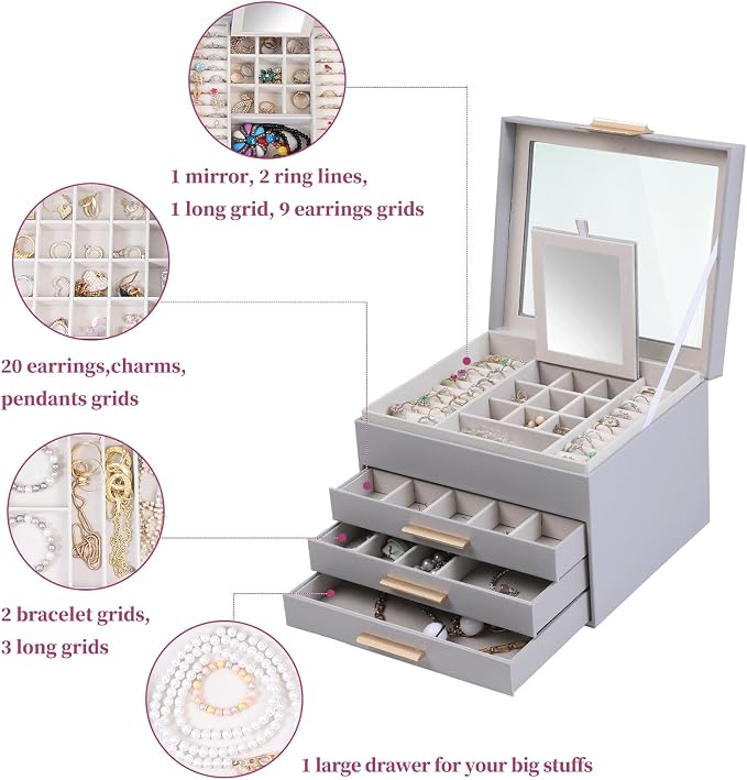 BOOVO Clear Lid Jewelry Box,3 Layers Jewelry Organizer Large Jewelry Storage Box with 2 Drawers,Jewelry Holder Organzier of Rings Earrings Necklace Bracelets for Women (Grey, 4 Layer) - Image 5