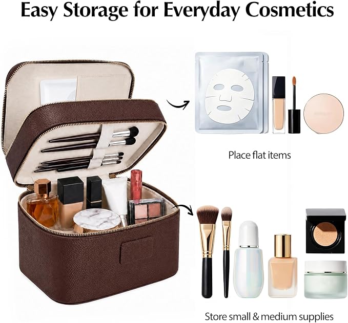 Makeup Case,Leather Double Layer Makeup Bag Duo,Large Portable Travel Toiletry Case Cosmetic Organizer for Women - Image 3
