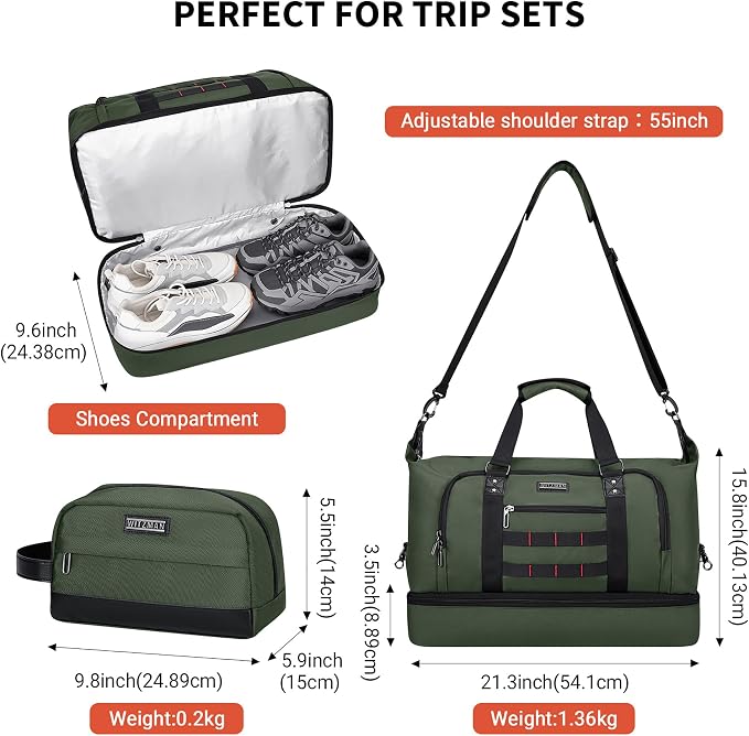 WITZMAN Nylon Duffle Bag for Men 55L with Toiletry Bag Sets Overnight Bag | Multi-pockets with Shoe Compartment and Dry-wet Pocket, Carry On, Convertible for Gym, Overnight, Sports, B696 Army Green - Image 5
