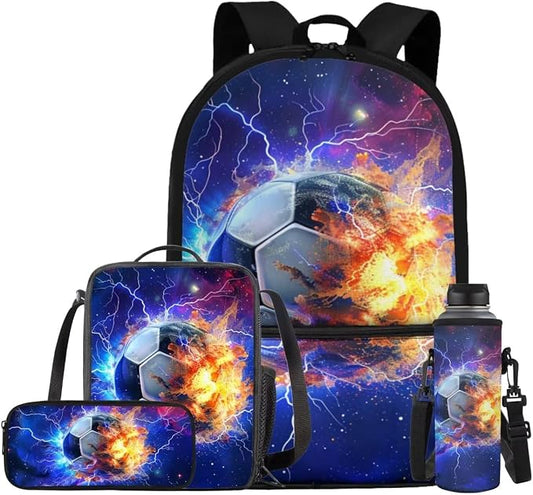 Galaxy Lightning Soccer Backpack for Boys Girls Backpack with Lunch Box Water Bottle Carrier and Large Pencil Case 4PCS Set Bookbag with Front Pocket for School 17 inch Sturdy School Bag by ELEDIZI