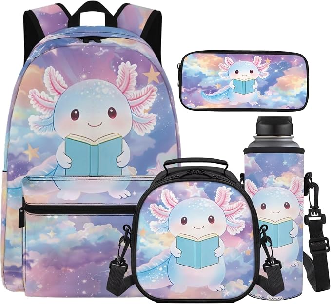 Axolotl Backpack for School Kids Boys 10-12 Galaxy Cute Bookbag with Lunch Box 4-in-1 Set Boys Backpack with Adjustable Straps 5th 6th Grade Backpacks for Girls School Bag Set by Unknown