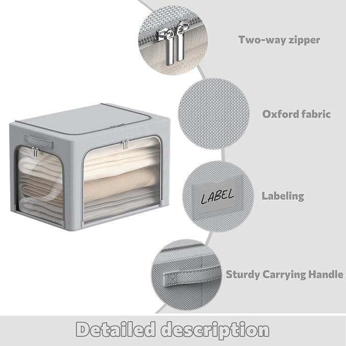 3Pack Clothes Storage Bins - Oxford Frame Storage Box Foldable Stackable Storage Organizer with 3 Openings Design, Metal Frame, Clear Window, Carry Handles (66L-19.7 * 15.7 * 13, Grey) - Image 4